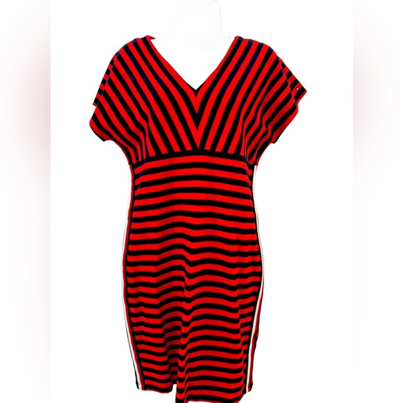 Tommy Hilfiger Red and Black Striped V-Neck A Line Dress in Small - Picture 1 of 7